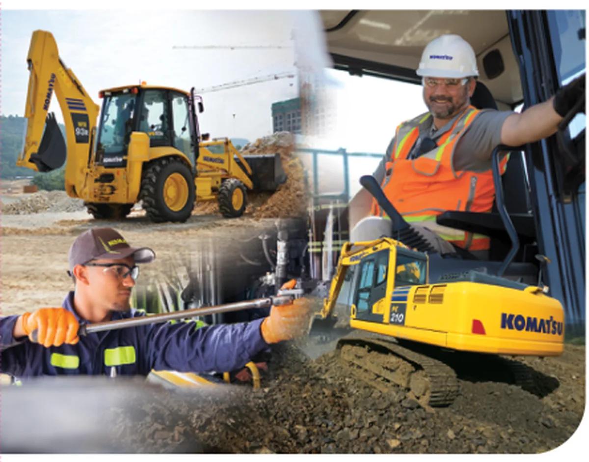 Certified technicians servicing Komatsu machinery under a service contract
