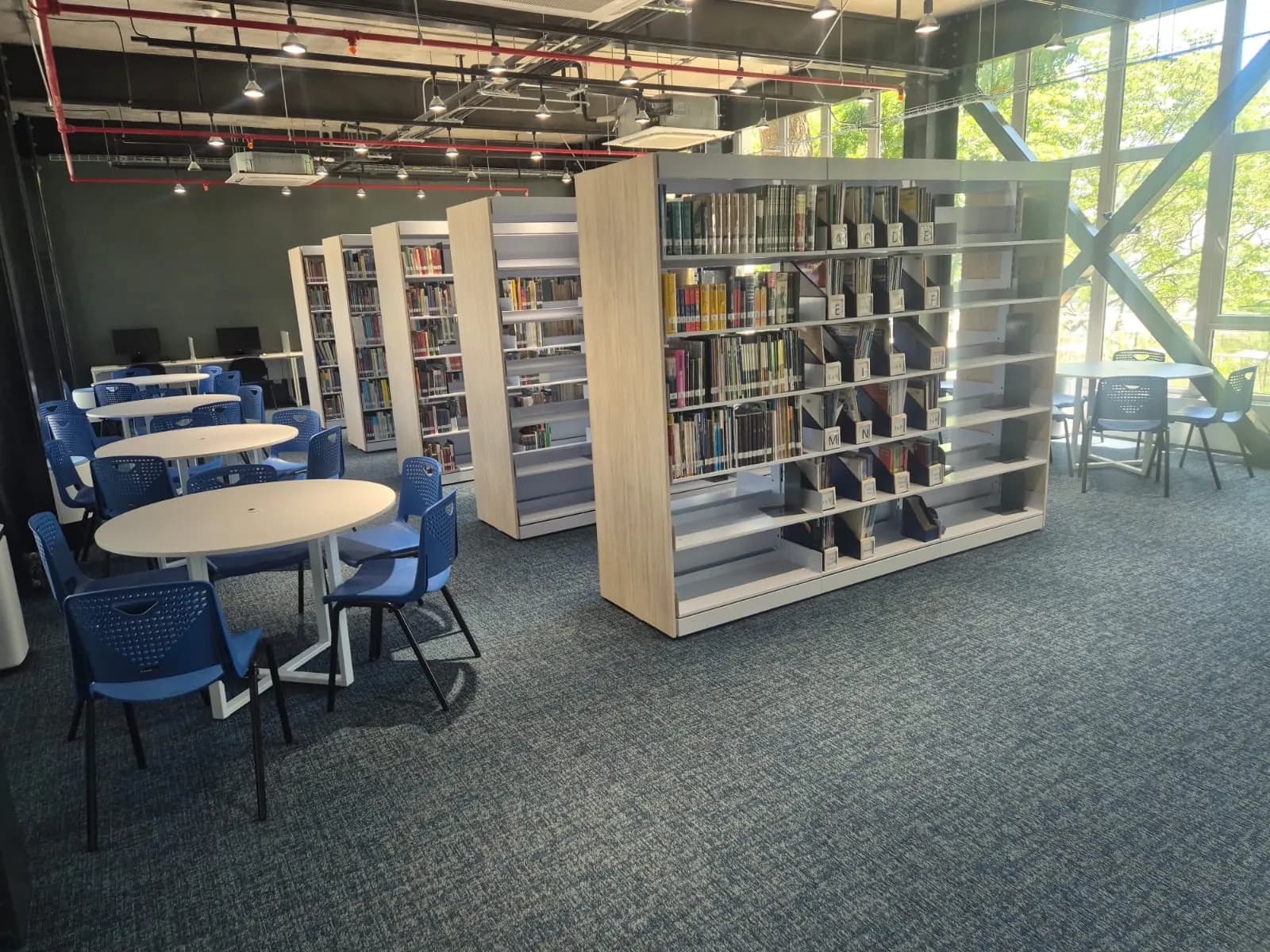 Biblioteca con estantería doble y mesas de estudio