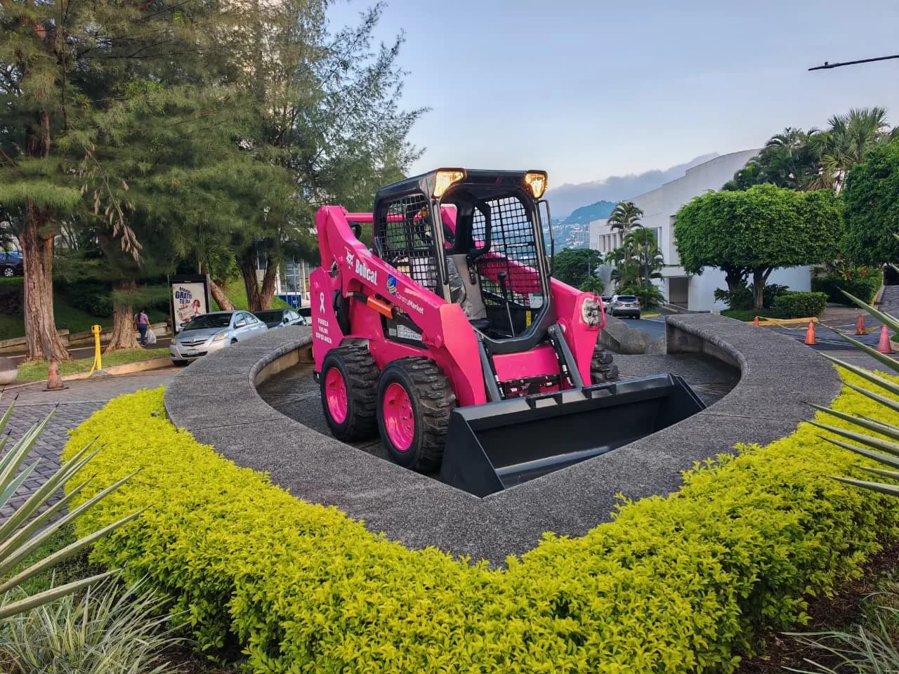 Pink Bobcat skid-steer loader on a landscaped traffic circle