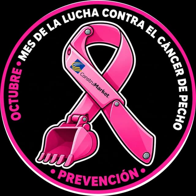 Sello de Octubre Rosa: un lazo rosa formado por el brazo de una excavadora, con el logo de ConstruMarket y la palabra Prevención