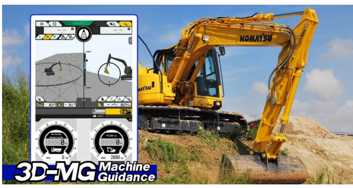 Excavadora Komatsu trabajando con el monitor 3D-MG Machine Guidance mostrando el perfil del diseño y la posición del cucharón