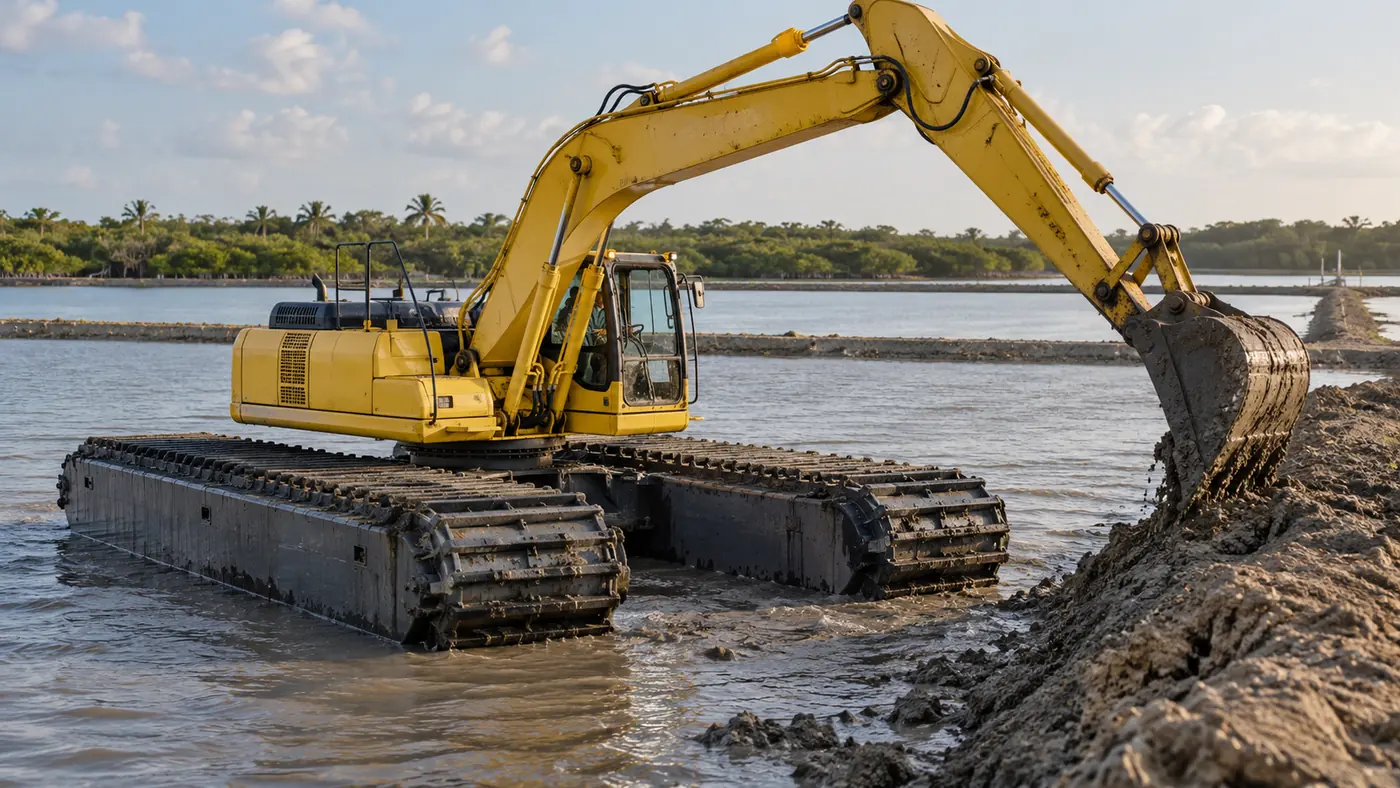 Amphibious excavator on pontoons rebuilding the levee of a shrimp pond, with its undercarriage in the water (illustrative image)
