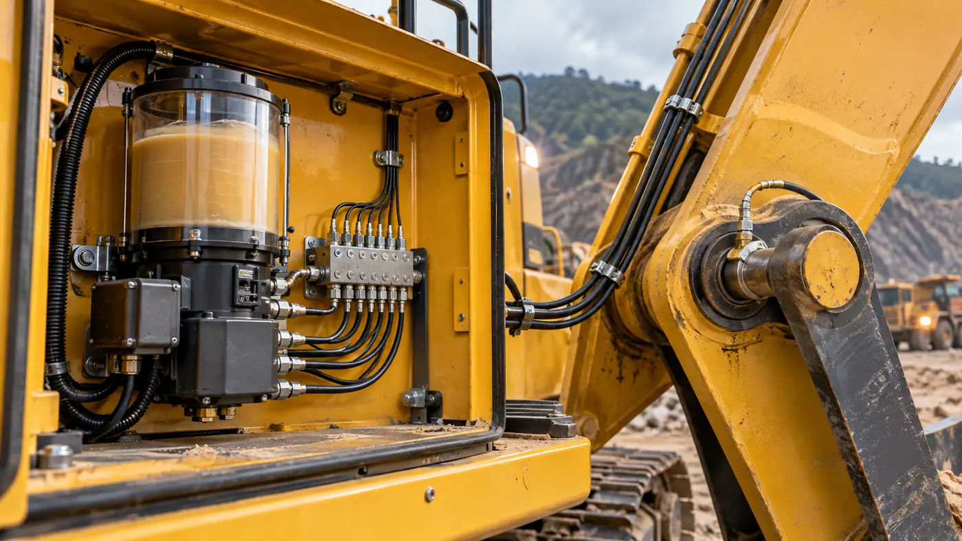 Autolube pump with reservoir and lines reaching an excavator's boom pins