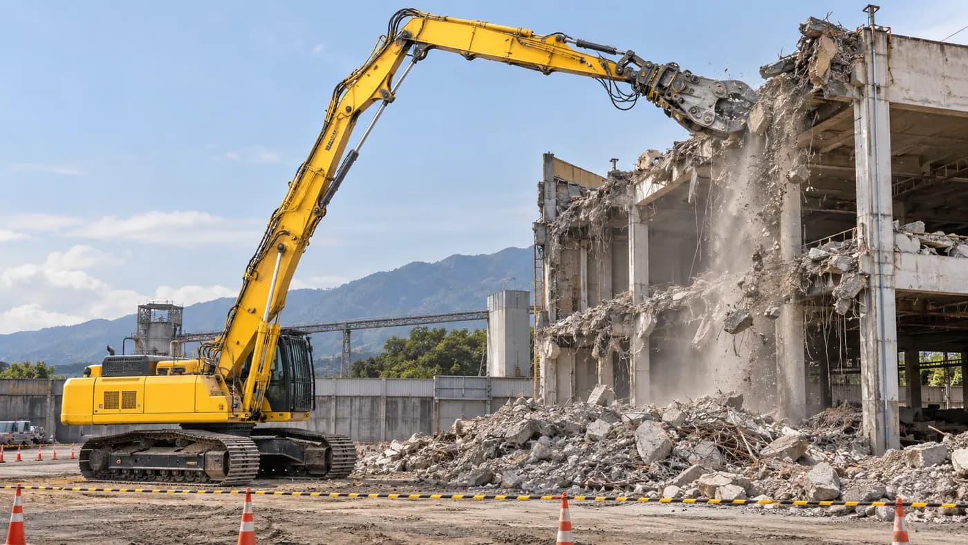 Excavator with a high-reach demolition front taking down the top slab of a concrete building, with the area cordoned off (illustrative image)
