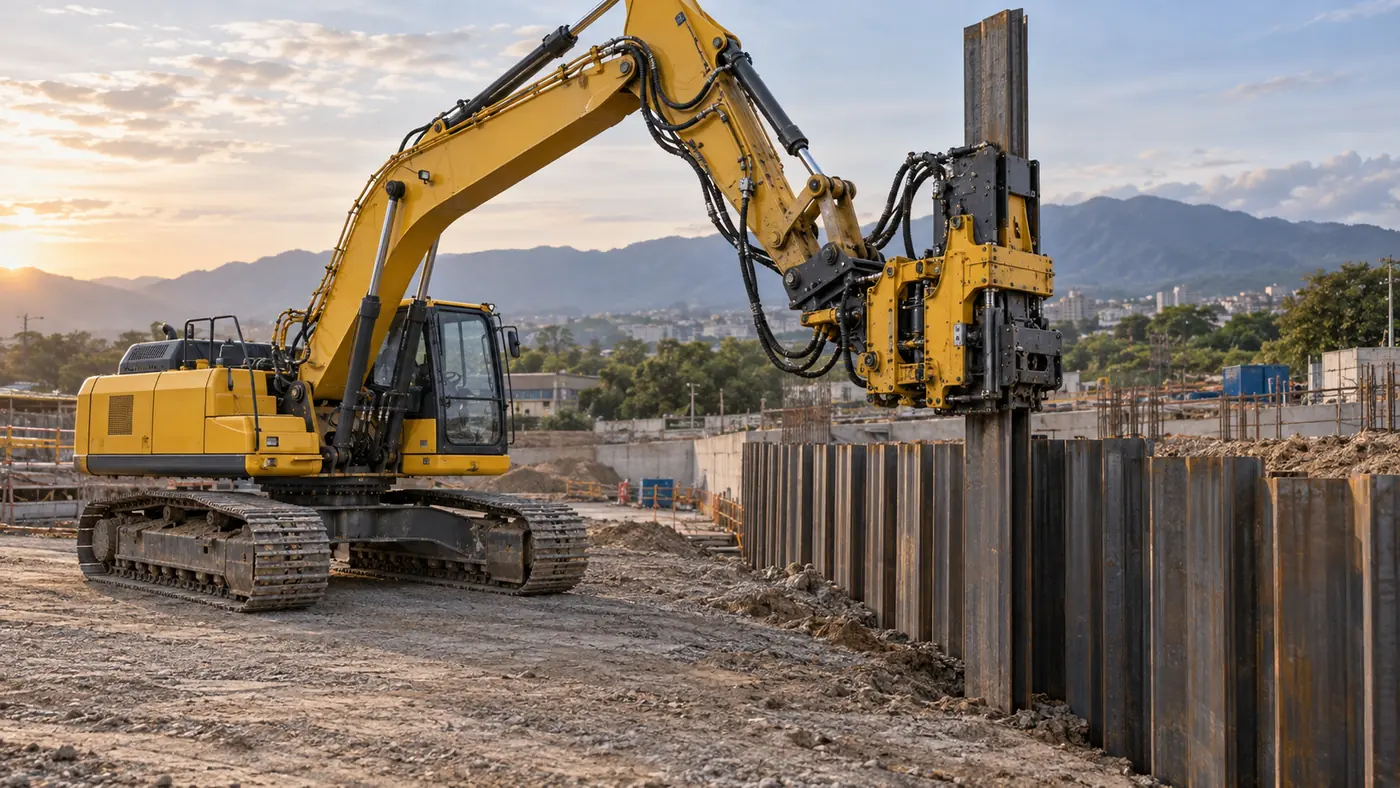 Excavadora con martillo vibratorio hincando una tablestaca metálica en una obra de cimentación (imagen ilustrativa)