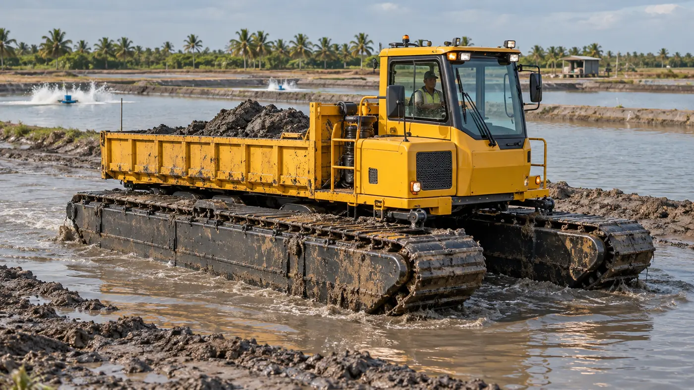 Amphibious carrier on pontoons crossing a shrimp pond with its body loaded with mud (illustrative image)